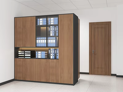 Modern Wooden Bookcase With Glass Door Compartments Blue Folders And Stacked Documents 3d model