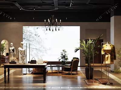 Stylish Clothing Store Interior With Mannequins Plants Display Tables And Chandelier 3d model