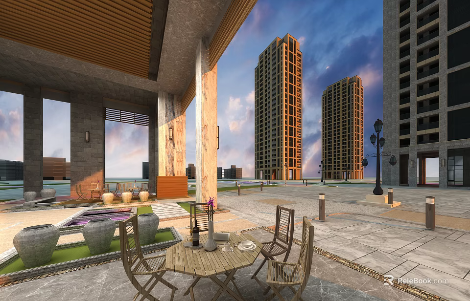 Modern Residential Buildings With Outdoor Leisure Plaza Tables Chairs And Sunset Sky 3d model 