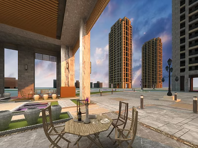 Modern Residential Buildings With Outdoor Leisure Plaza Tables Chairs And Sunset Sky 3d model
