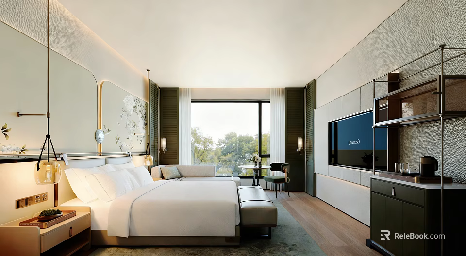 Hotel Room Interior With Comfortable Bed White Bedding Large Window Trees Outside TV Modern Design 3d model 