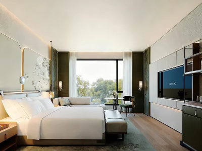 Hotel Room Interior With Comfortable Bed White Bedding Large Window Trees Outside TV Modern Design 3d model
