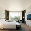 Hotel Room Interior With Comfortable Bed White Bedding Large Window Trees Outside TV Modern Design