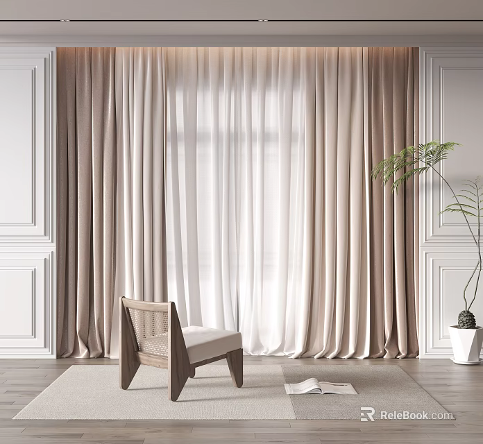 Elegant Beige Double Layer Curtains With Light Filtering By White Paneled Walls And Woven Chair 3d model 