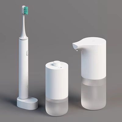 Modern White Daily Washing Essentials Including Electric Toothbrush Automatic Soap Dispenser and Storage Jar 3d model