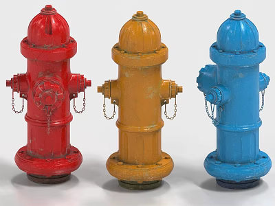 Three Vibrant Colored Fire Hydrants Red Yellow And Blue Fire Equipment 3d model