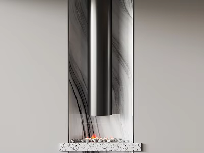 Modern Fireplace With Marble Accent And Black Vertical Column Pebble Base Burning Flames 3d model