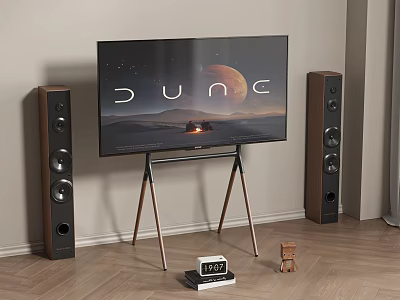 Large TV on Tripod Stand with Floor Speakers Displaying Dune Scene in Modern Living Room 3d model