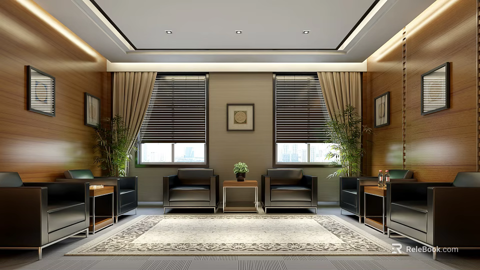 Hotel Public Lounge Area With Wooden Walls Comfortable Sofas Green Plants And Decorative Rug 3d model 