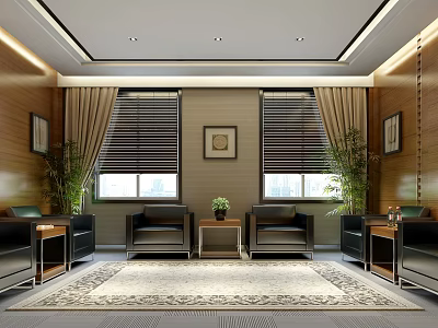 Hotel Public Lounge Area With Wooden Walls Comfortable Sofas Green Plants And Decorative Rug 3d model