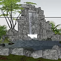 Natural Garden Ornament With Rockery Waterfall Lush Green Plants Trees And Pond