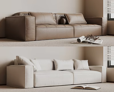 Two Seater Sofas in Brown Leather and Beige Fabric with Cushions and Magazines 3d model