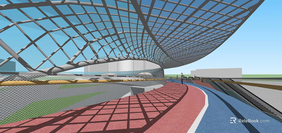 Modern Bridge Structural Design With Glass Roof Red Walkway Blue Track And People 3d model 