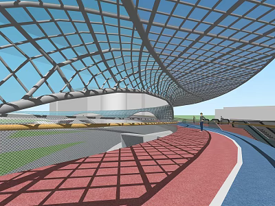 Modern Bridge Structural Design With Glass Roof Red Walkway Blue Track And People 3d model