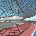 Modern Bridge Structural Design With Glass Roof Red Walkway Blue Track And People