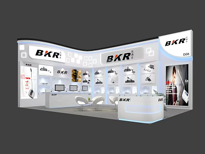 BKR Exhibition Booth With Modern Design Counter Seats And Displayed Products 3d model