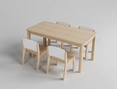 Kindergarten Wooden Table And Chairs Set For Children In Light Wood Color 3d model