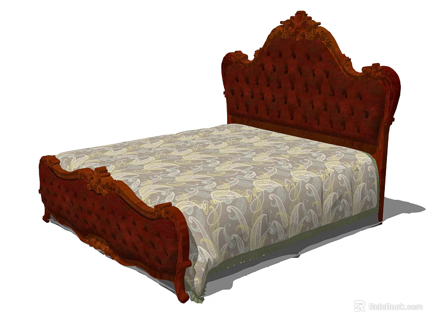 Ornate Red Upholstered Double Bed With Floral Pattern Bedspread And Carved Frame 3d model 