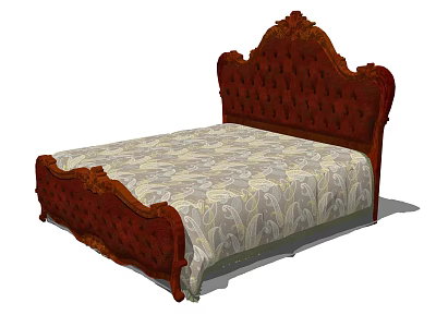 Ornate Red Upholstered Double Bed With Floral Pattern Bedspread And Carved Frame 3d model