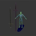 Detailed Blue 3D Human Figure Scene With Sword Spear And Surfboard