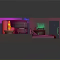 Cartoon Scene Of Pink Lit Room With Sofa Laptop Table Console Steps And Rug