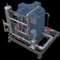 Industrial Equipment For Liquid Processing With Blue Storage Tank Metal Frame Pipes Valves And Pump