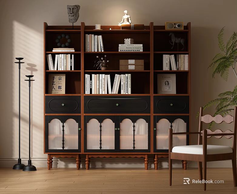 Wooden Multi Tiered Bookcase In Home Interior With Books Decorative Items And Cabinet Doors 3d model 