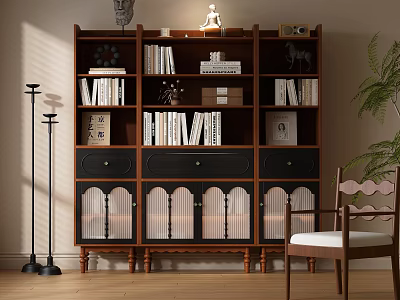 Wooden Multi Tiered Bookcase In Home Interior With Books Decorative Items And Cabinet Doors 3d model