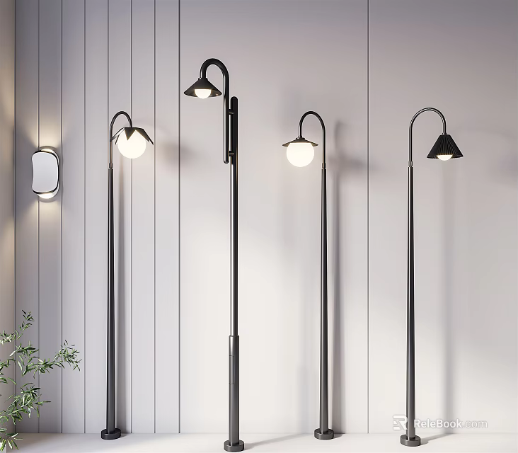 Modern Black Floor Lamps with Curved Stands and White Round Shades in Interior 3d model 