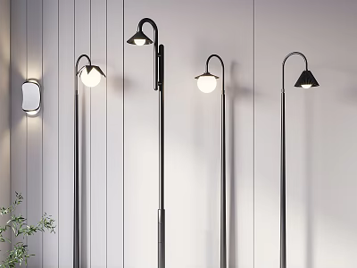Modern Black Floor Lamps with Curved Stands and White Round Shades in Interior 3d model