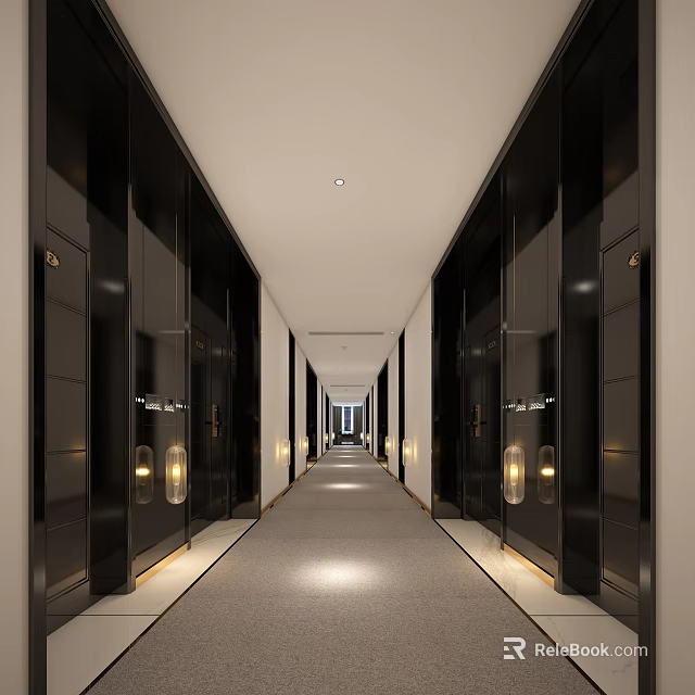 Modern Elevator Hallway With Black Doors Gray Carpet And Recessed Lighting 3d model