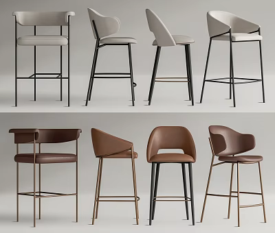Various Style Bar Stools With Upholstered Seats And Metal Frames In Different Colors 3d model