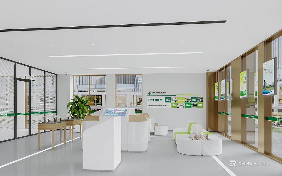 Modern Bank Interior Design With Reception Desk Green Plants And Seating Area 3d model 