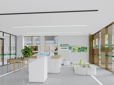 Modern Bank Interior Design With Reception Desk Green Plants And Seating Area 3d model