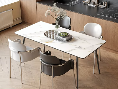 Dining Area With Marble Tabletop White Black Chairs Vase And Green Plant 3d model