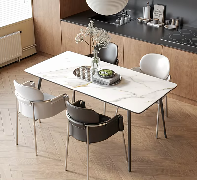 Dining Area With Marble Tabletop White Black Chairs Vase And Green Plant 3d model