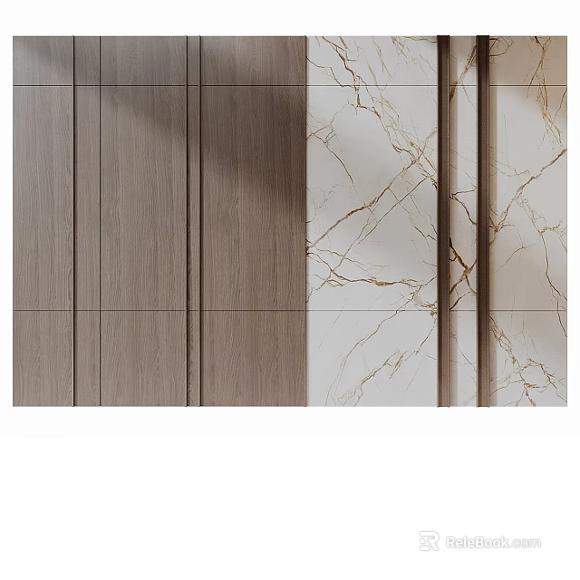 Elegant Modern Background Wall Featuring Wood Grain and Marble Spliced Patterns 3d model 