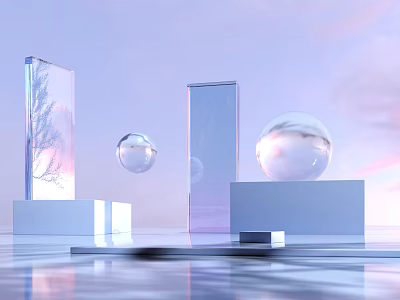 Children's Play Area With Purple Theme Transparent Structures Spheres And White Platforms 3d model