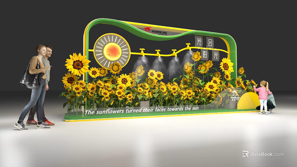 Floral Installation With Green Curved Frame Yellow Sunflowers Sun Pattern People Viewing Facing Sun 3d model 