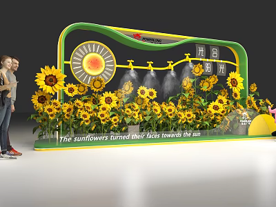 Floral Installation With Green Curved Frame Yellow Sunflowers Sun Pattern People Viewing Facing Sun 3d model