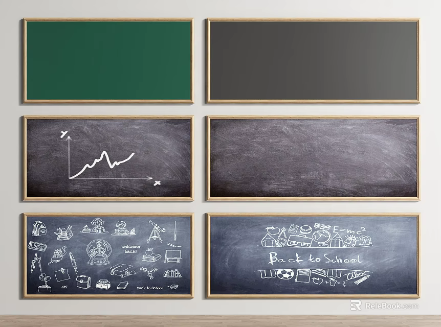 Blackboard Wall Hangings With Various Designs Green Black Boards Line Chart Icons Back to School 3d model 