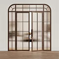 Modern Double Swing Door With Glass Panels And Metal Grid Frame