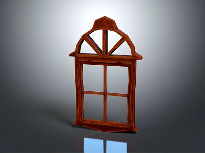 Wooden Casement Window With Arched Top Grid Design And Decorative Frame 3d model