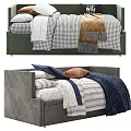 Green And Gray Upholstered Beds With Plaid Bedding Pillows And Blankets 3d model