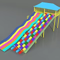 Colorful Wavy Playground Slide With Yellow Structure Blue Canopy And Colorful Ball Pit