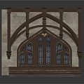 Detailed Gothic Architectural Structure With Arched Windows Stone Wall And Wooden Decorations