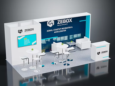 ZEBOX Exhibition Booth Design With Modern Display Wall White Tables And Chairs 3d model