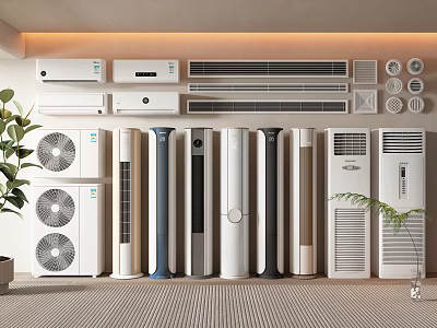 Various Types Of Air Conditioners And Fans Displayed In Modern Setting 3d model