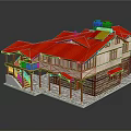 Cartoon Style Two Story House Scene With Red Roof Wooden Balcony And Staircase