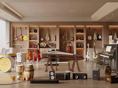 Musical Instruments And Art Supplies Display Room With Hanging Guitars Violins Drums And Piano 3d model